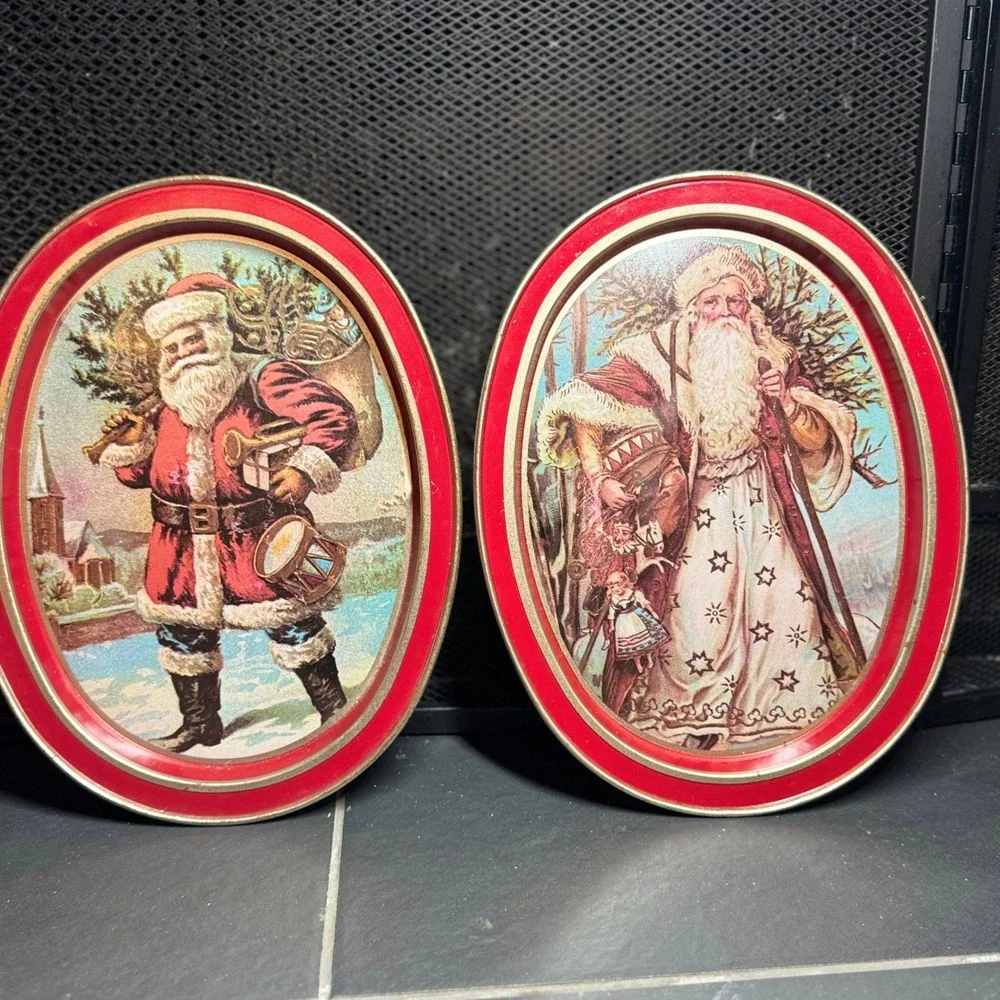 Vintage Santa Claus Father Christmas Oval Metal Tin Serving Trays Set of 2 Red